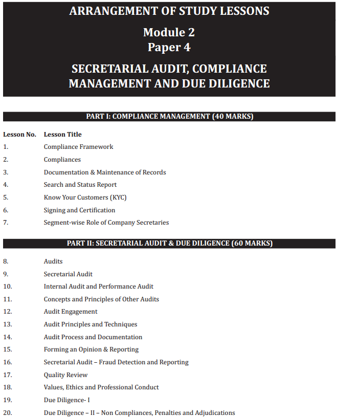 CS Professional Secretarial Audit Compliance Management and Due Diligence Syllabus